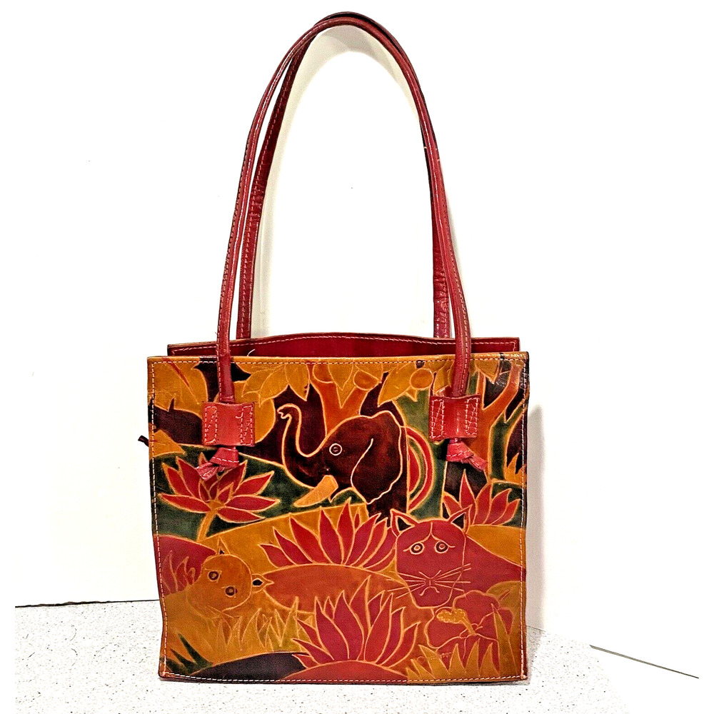 Vintage Hand Painted & Tooled Leather Two Handle Tote Bag Purse Elephant Animals - Picture 5 of 10